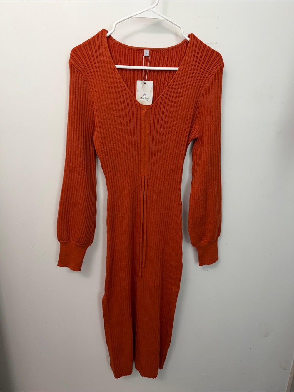 Deep Self Ribbed V-Neck Knit Sweater Dress in Burnt Orange Fall
